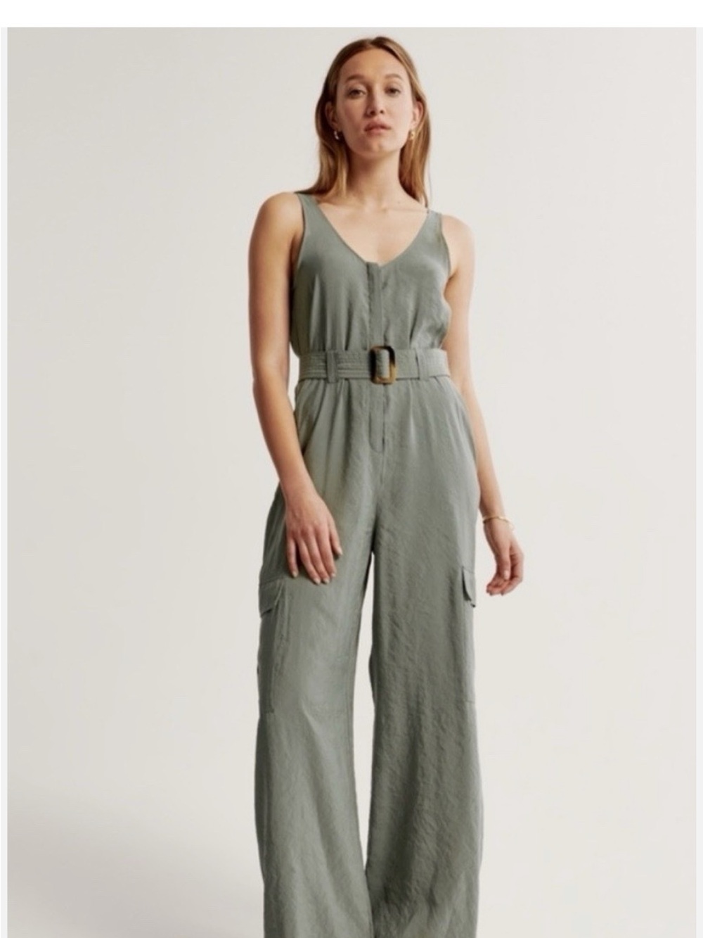 Abercrombie & Fitch Belted Wide-Leg Jumpsuit in Sage Green